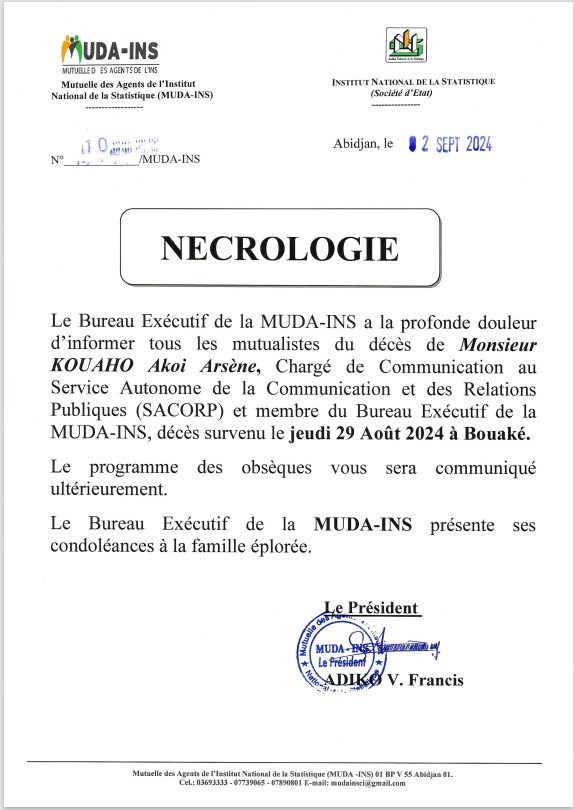 Décès de Monsieur KOUAHO Akoi Arsène, Chargé de Communication au Service Autonome de la Communication et des Relations Publiques (SACORP)