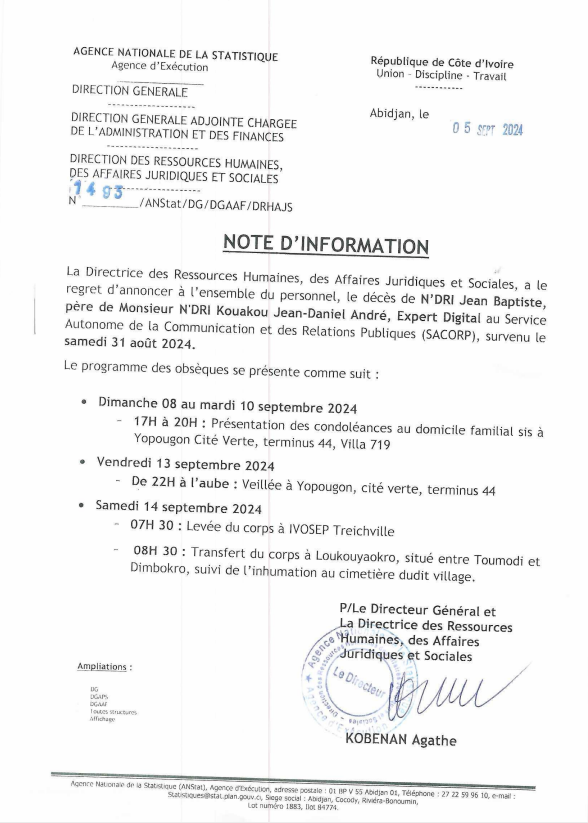 Décès de N'DRI Jean Baptiste, père de Monsieur N'DRI Kouakou Jean-Daniel André, Expert Digital au Service Autonome de la Communication e des Relations Publiques (SACORP)